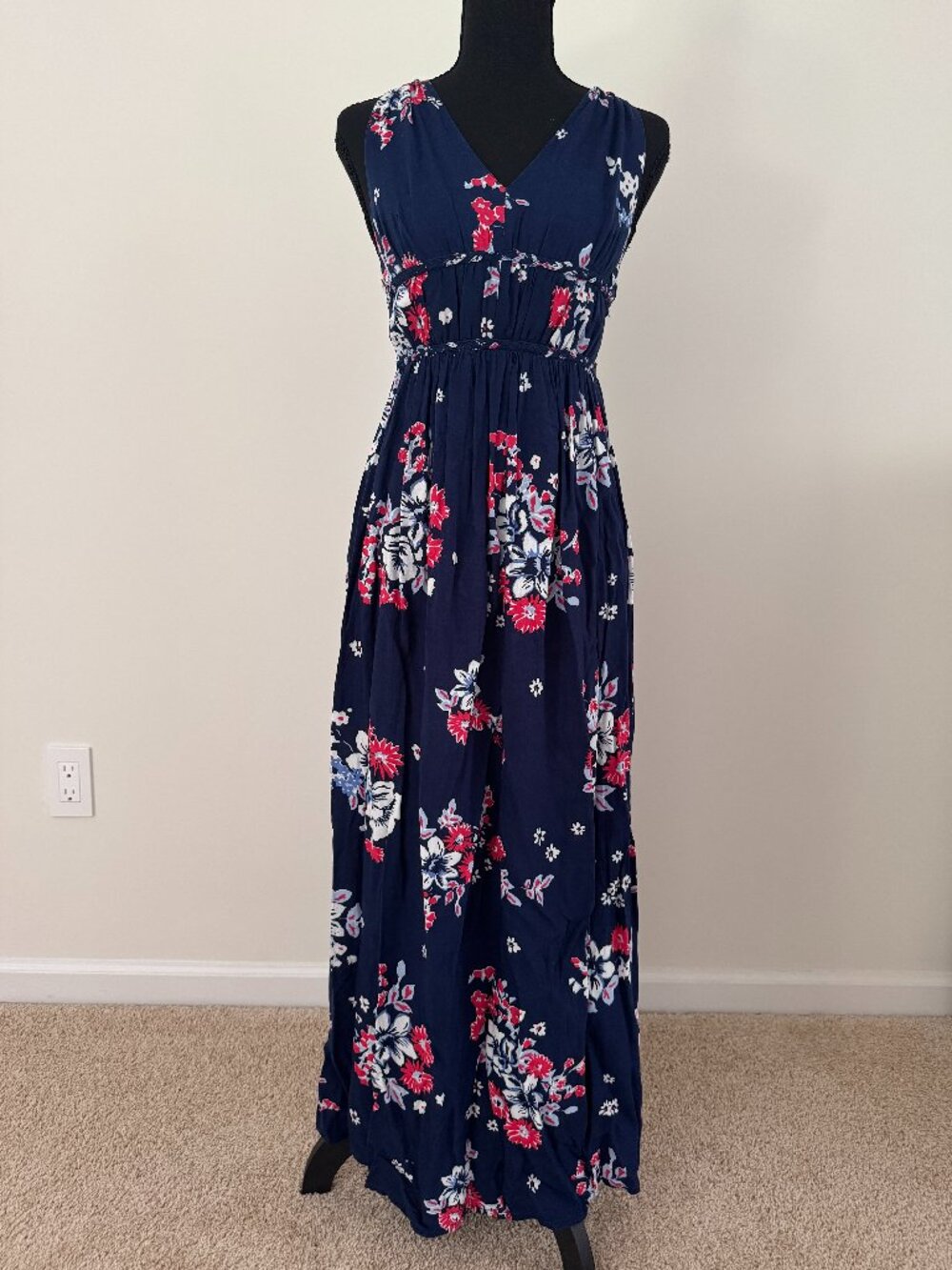 apna Navy Floral Rayon Maxi Dress Size XS V-Neck Racerback Summer